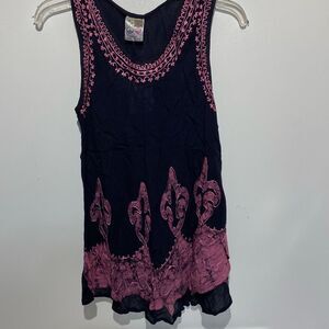 India Boutique Women's Black Pink Embroidered Sleeveless Blouse Free Size NWT